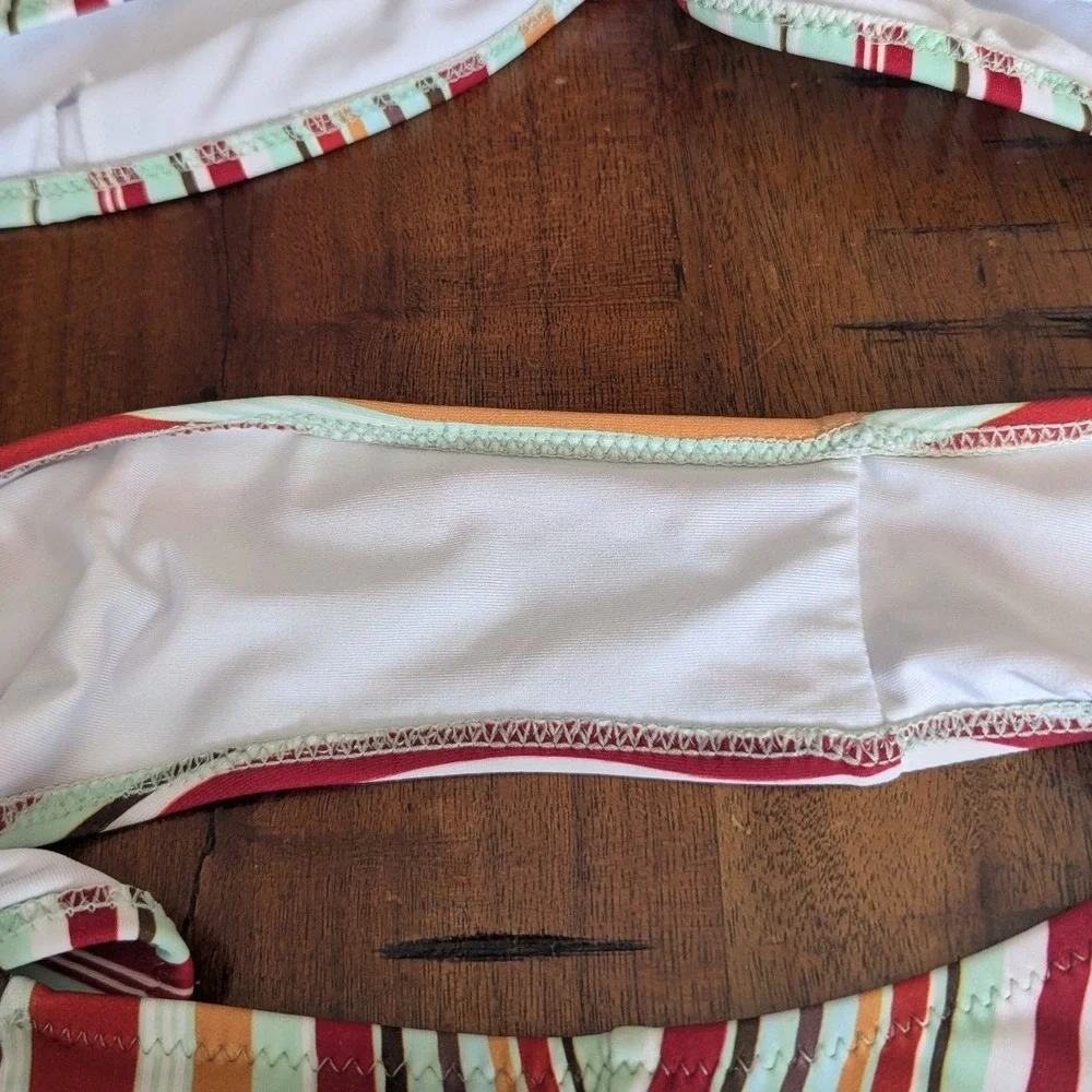 Cupshe Bikini Set Multicolor Striped Ruched Strappy Swimsuit Sz M Retro No Pads